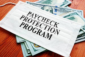 PPP Paycheck Protection Program as SBA loan written on the mask and money