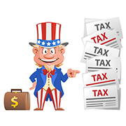 Patriotic dressed man points to tax papers