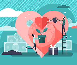 Man-watering-a-potted-plant.heart-with-dollar-signs-in-background-illustrating-caring-for-and-growing-nonprofit-organization
